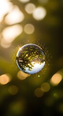 A close-up photograph of a transparent soap bubble reflecting sunlight and surrounding greenery against a blurred natural background during daytime