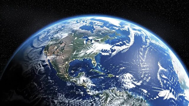 A stylized CGI rendering of a rotating planet, showcasing vibrant blue oceans, detailed green landmasses, and dynamic white cloud patterns from an orbital perspective. The nocturnal hemisphere reveals - Powered by Adobe