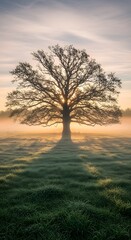 A solitary tree stands tall in a lush green field during sunrise, casting long shadows and creating a peaceful and scenic landscape view