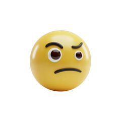 Fototapeta premium A 3d rendered yellow emoji face expressing a grumpy or annoyed emotion with furrowed brows and a downturned mouth isolated on transparent background