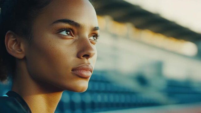 Female athlete with eyes closed, smiling and looking to her right - Powered by Adobe