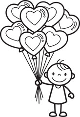 Cute boy and girl holding heart balloons in a romantic cartoon scene