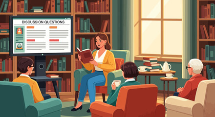 Illustration of a book club meeting with remote and in-person attendees discussing literature