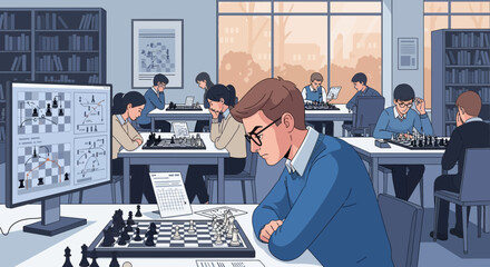 Illustration depicting a group of students intensely focused on chess games indoors