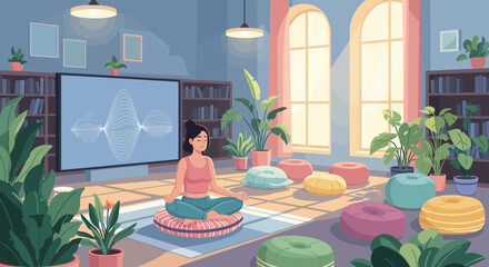 Serene meditation scene with woman practicing mindfulness in tranquil indoor space