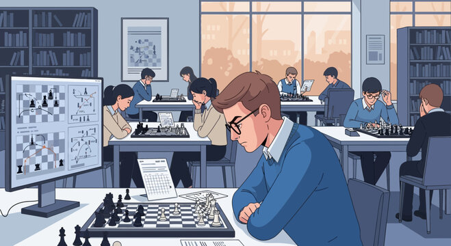 Illustration depicting a group of students intensely focused on chess games indoors