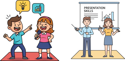 Cartoon illustration of kids practicing public speaking and adults teaching presentation skills, communication training, confidence building and educational performance development concepts