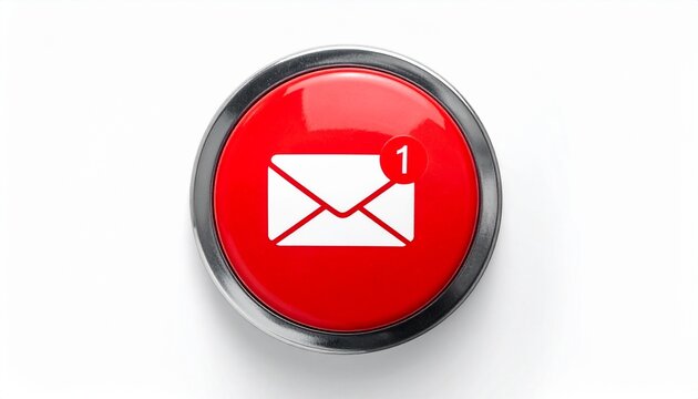 A red circular button with a white envelope icon and a small red badge showing "1", symbolizing a new email notification in a digital interface with clean, modern communication design.