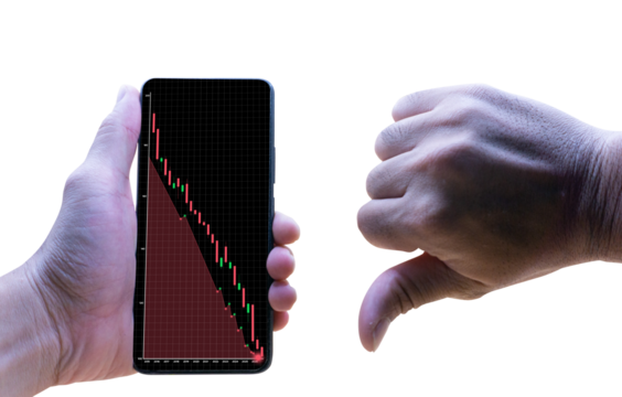 Hand Holding Smartphone with Falling Stock Chart and Thumbs Down Gesture on Black Background