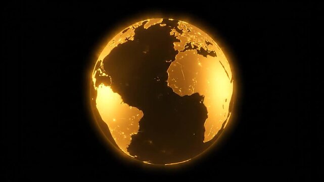Illuminated earth globe in golden tones against a black background. Cities glow