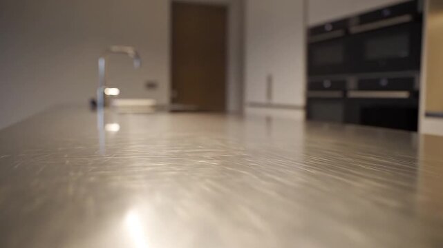 最新キッチンカウンター光跡と金属の輝き