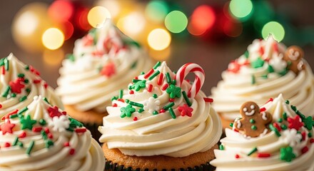 Vibrant Arrangement of Festive Cupcakes Adorned with Colorful Sprinkles and Sweet Toppings Set Against Blurry Holiday Lights Background