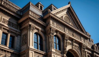 Ornate Victorian Architecture: Detailed Facade of a Historic Building Against a Clear Blue Sky - Architectural Photography