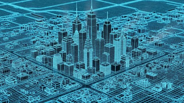 都市夜景 建築設計図風アイソメトリック映像