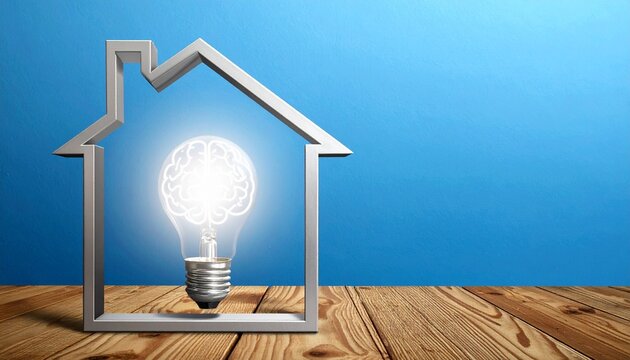 A house-shaped frame with a glowing light bulb inside, featuring a brain filament, sits on wood with a blue backdrop, symbolizing smart home innovation, energy efficiency, and creative intelligence.