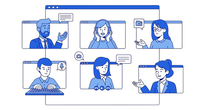 Online collaboration platform for remote teams connecting via video conference interface