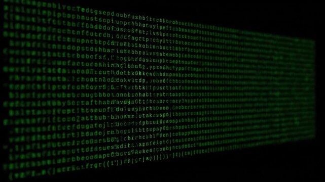 Green, blurred, simulated code on a black background, suggesting programming or digital data