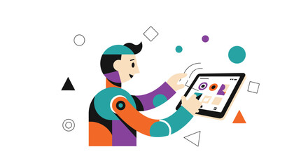 Colorful Robotic character interacts with tablet in geometric abstract style