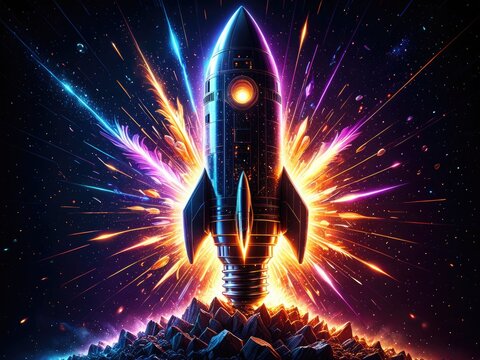 Retro Rocket Launch: Vibrant Space Exploration Illustration - Vintage Sci-Fi Style with Dynamic Light Trails and Cosmic Dust