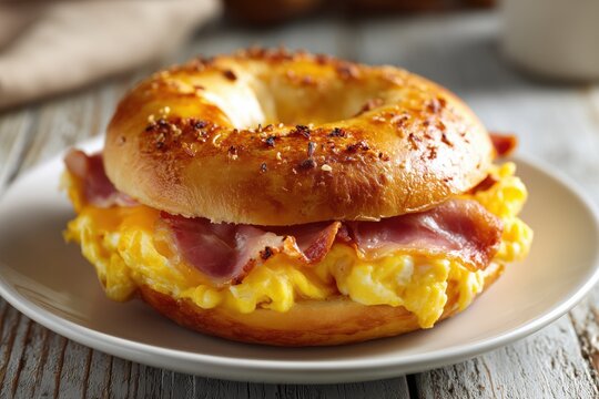 Close up Delicious Bagel Sandwich with Scrambled Eggs and Bacon Food
