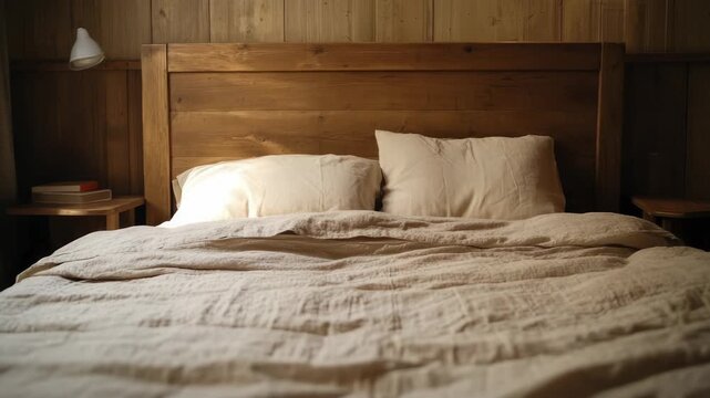Spacious room with wooden wall and bed in the center.
