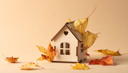 A small white house model with heart-shaped cutout and arched windows sits among autumn leaves in warm tones, evoking seasonal charm, coziness, and decorative themes of home and fall.
