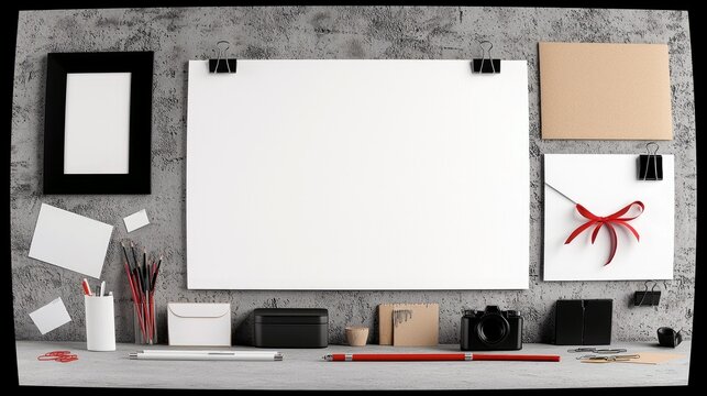 A desk setup for creative work, featuring blank papers, art supplies, a camera, and envelopes against a textured wall.