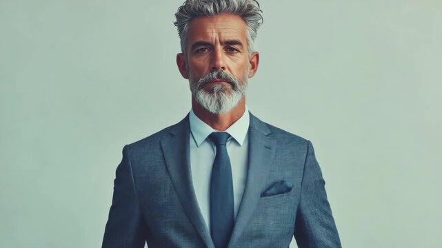 Mature man with beard and mustache, wearing black suit jacket, gray vest, white shirt, dark tie, standing against plain background.