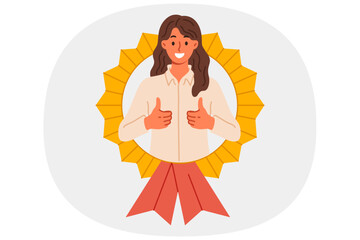 Best employee of month woman shows thumbs up while looking out of medal received for professional achievements. Award for best employee from businesswoman motivating good employees of company