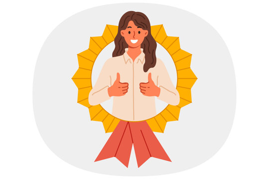 Best employee of month woman shows thumbs up while looking out of medal received for professional achievements. Award for best employee from businesswoman motivating good employees of company