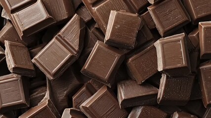 A visually rich and enticing close-up captures a generous scattering of dark chocolate squares, filling the entire frame with their irresistible appeal. Each irregular piece boasts a deep, lustrous br