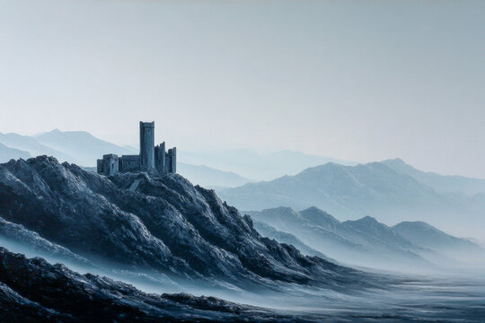 Majestic castle ruins perched atop rugged mountains, surrounded by misty valleys and distant peaks, creating an enchanting and mysterious landscape atmosphere