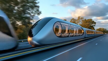 This cool video shows a sleek, silver passenger capsule gliding along an elevated track system during the day. Trees and clouds are visible in the background as it travels swiftly