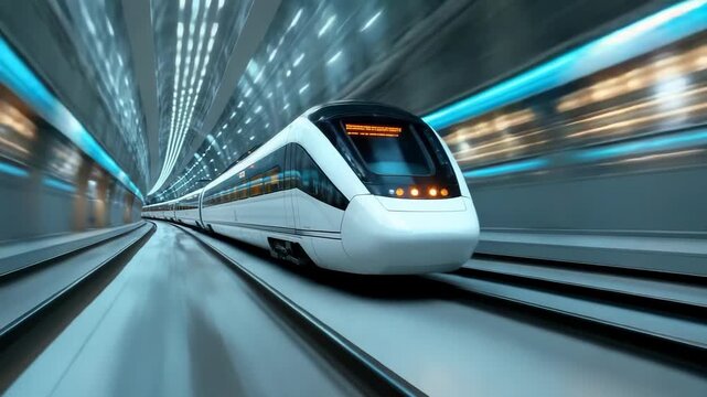 A sleek, white high speed train moves rapidly through a futuristic, illuminated tunnel. This modern transportation system showcases speed and efficiency. Captured at daytime