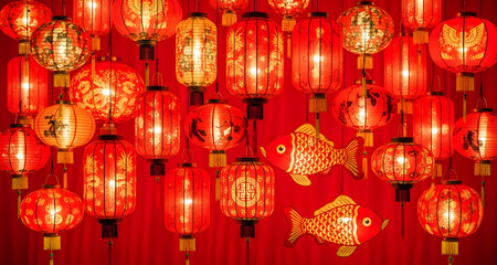 Red Glowing Chinese Lanterns and Fish Lanterns Background