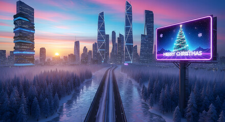 Captivating futuristic city skyline at dusk with a vibrant Merry Christmas billboard illuminating a snowy forest landscape