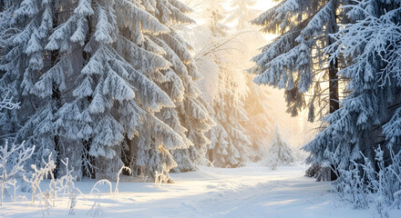 Golden morning sunlight streams through a snow-laden forest path creating a magical, serene winter wonderland scene