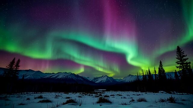 a spectacular night view, where the sky is illuminated by the Aurora Borealis a dazzling curtain of neon green and reddish purple light snaking over the mountains