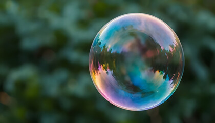Colorful soap bubbles reflect the abstract blue-green light of a rainbow world sphere against the dark night sky close up