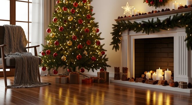 Cozy living room interior with Christmas tree and fireplace on a warm winter evening