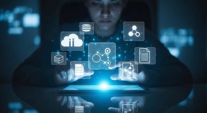 Person Interacting with Futuristic Digital Interface and Data Icons. - Powered by Adobe