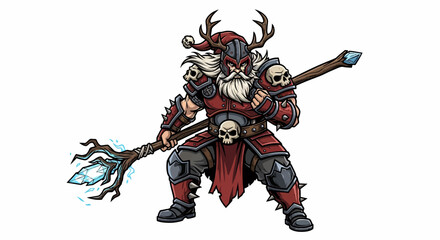 Fantasy Santa Claus warrior illustration ready for battle with crystal staff and armor perfect for Christmas games and unique holiday promotions