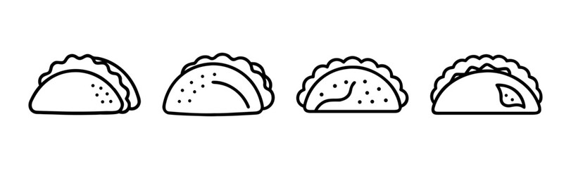 Four minimalist line art tacos icons showing different fillings and styles