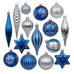 Elegant blue and silver Christmas ornaments create a festive holiday scene perfect for seasonal decor and celebrations
