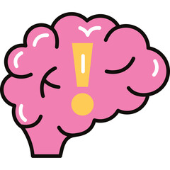 Pink Brain Illustration With Yellow Exclamation Mark Symbolizing Alertness And Awareness On Transparent Background