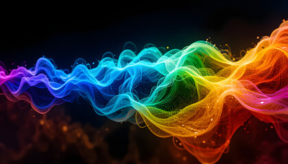 Glowing fractal rainbow waves illustrating the energy and design of wave particle motion in space