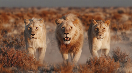 Obraz premium Three Lions Marching in the Savanna