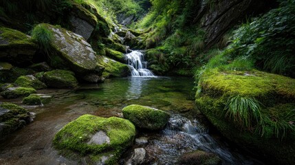 Lush, mossy stream with waterfall cascading into tranquil pool