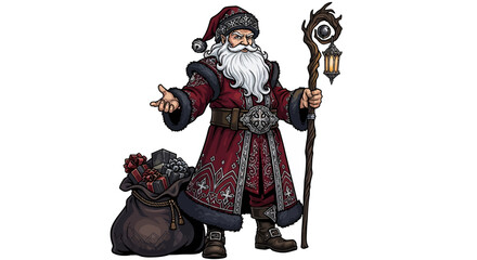 Fantasy Santa Claus with a lantern staff bringing holiday cheer and unique gifts, perfect for Christmas cards or themed event promotions