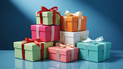Beautifully stacked colorful gift boxes with elegant ribbons perfect for festive holiday celebrations and special occasions